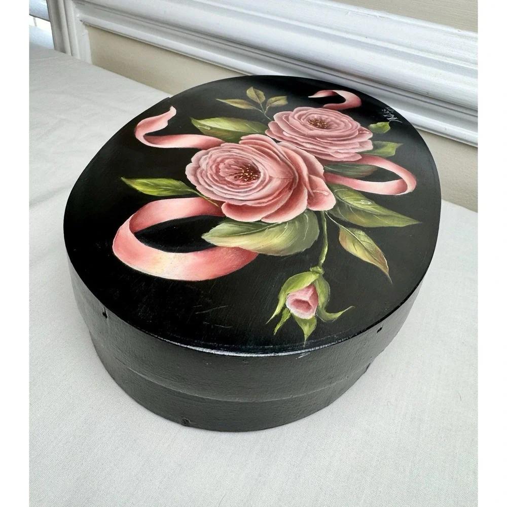 Vintage Hand Painted Roses Floral Oval Wood Jewelry Box 80s Cottagecore Keepsake